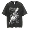 Camiseta Vintage Lavada do Anime Chainsaw Man com Gola de Marinheiro e Padrão Listrado, Camiseta Unissex Respirável e Confortável, Fabricada na China