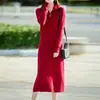 Falda Larga de Punto 100% Lana Pura con Cuello Semiabierto para Mujer, Manga Larga, Holgada, Color Sólido, Moda Casual, Falda de Punto de Lana con Cremallera