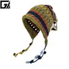 Gorro de punto con borla y corbata Moda Otoño e Invierno Sombrero de lana colorido Protección cálida para los oídos Gorro tejido a mano con punta para mujer
