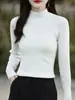 Top de punto acanalado de algodón puro para mujer de principios de otoño, con cuello alto medio, manga larga, textura acanalada vertical, elástico, corte ajustado y agradable para la piel
