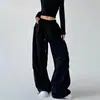 Calça de Moletom Cinza Feminina Estilo Americano 2026 para Primavera e Outono, Cintura Alta, Perna Reta, Caimento Solto, Calça Cargo Casual de Perna Larga