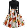 5387# AliExpress Explosions Retro Hepburn Halloween Impressão Costura Manga Longa Grande Vestido Swing