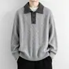 Suéter Polo de Color Contrastante para Hombre Otoño Invierno Cuello de Solapa Tejido de Punto Retro Holgado Top Básico Casual de Punto para Hombre