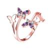 Carlo temperamento europeo y americano mariposa amor flor cobre plata amatista lazo anillo ajustable de apertura al por mayor