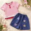 Traje Rosa Dulce de Cuello Redondo para Niñas, Nuevo Estilo de Verano con Cuadros y Encaje en Parches, Dos Piezas de Pantalones Cortos para Niños