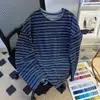 Camiseta de Manga Larga con Cuello Redondo y Rayas Contrastantes Estilo Americano Perezoso para Hombre Primavera Otoño Holgada Casual Versátil Pulóver Camisa Base