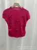 Novedad de Verano Camiseta de Punto de Manga Corta con Lazo Tridimensional de Medio Cuello Alto y Mangas Volantes para Mujer Top Ajustado con Cordón y Huesos de Pescado en la Cintura
