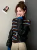 Suéter de punto con botones y cuello semi-alto a la moda estilo Hong Kong para mujer, prenda interior para otoño e invierno, bloques de color, rayas, ajuste ceñido