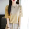 Suéter de punto de lana moderno y versátil con borde enrollado, sin costuras, cuello redondo, manga corta, color liso, camiseta de manga corta para el trabajo