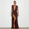 Vestido Plissado de Pendurar Moda Europeia e Americana Feminino Transfronteiriço Cor Sólida Decote V Profundo Irregular Nova Roupa Feminina Preto