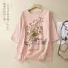 Bordado Gran Marca Liquidación Fin de Temporada Lino Camisa Pequeña Top Mujer Bordado Pesado Holgado Delgado Algodón Lino Manga Corta Camisa Top