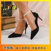 Sapatos de salto fino adultos com miçangas, sapatos de casamento de camurça com bico fino e pérolas para mulheres, sapatos de salto alto Xiuhe vinho tinto para noivas 2026