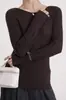 Suéter de Tricô 100% Lã Merino Ji Simples de Gola Redonda com 48 Fios para Mulheres, Camada Base de Manga Longa Slim Fit