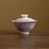 Taza de Té Cerámica Blanca Pintada a Mano con Rosa, Tazón de Dos Piezas con Tapa y Borde Floral con Esmalte Morado Degradado, Juego de Té Kung Fu para Uso Doméstico