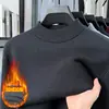 Suéter de tricô masculino grosso de uma peça em fleece, gola redonda meio alta, cor sólida, camisa base quente para outono e inverno
