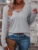 2025 Europeo y Americano Transfronterizo Amazon Temu Otoño e Invierno Nuevo de Mujer Cuello en V Color Puro Casual Suelto Manga Larga Camiseta Top