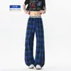 Pantalones de cuadros estilo americano con caída, pantalones casuales para hombre, pantalones retro a cuadros rojos de marca moderna, pierna recta, ligeramente acampanados, hasta el suelo para personas altas