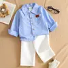 Comércio Exterior Roupas Infantis Primavera e Outono Conjunto para Bebê Casual Camisa Listrada com Gola Alta + Calça Longa Lisa Elástica na Cintura Amiga da Pele Conjunto de Duas Peças