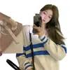 Suéter de tricô listrado estilo japonês para mulheres, novo top casual de outono 2026, design moderno e único, popular online