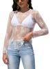 Top de Encaje Transparente para Mujer Camisa Suéter de Base de Encaje con Malla Perspectiva Manga Larga Negro Delgado Arena Hueco