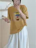 Camisa Versátil de Algodón Bambú Suelta para Mujer, Cuello Redondo, Manga Corta, Estampado de Copos de Nieve, Directo de Fábrica, Envío Directo de Fábrica, Dropshipping de Una Pieza