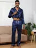 Pijama cruzado de seda artificial negra para hombre, traje de verano de manga larga de color liso, talla grande de verano, ropa de casa para hombre de comercio exterior