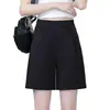 Shorts Feminino de Cintura Totalmente Elástica, Cinco Pontos, Perna Larga, Fino e Fluido, Pregas Frontais, Cobre o Quadril, Calça Casual Solta de Comprimento Médio