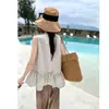 Conjunto de Dos Piezas con Chaleco de Rayas Retro sin Mangas + Pantalones Amplios Fluidos, Conjunto de Ropa Casual Estilo Perezoso para Vacaciones de Verano