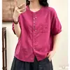 Ropa Nueva de Verano 2026 para Mujer, Blusa Artística de Color Sólido, Camisa Holgada de Gasa de Doble Capa con Mangas Cortas y Botones Coloridos