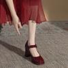 Zapatos de tacón alto estilo Mary Jane con punta redonda y tacón grueso color vino tinto para mujer, primavera, verano y otoño 2024, nuevos zapatos de princesa que combinan con todo.