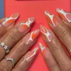 Unhas Vestíveis Abstratas de Linha Y2K, Manicure Longa Amêndoa, Gradiente Laranja Nude Branco Fluido Geométrico Unhas Postiças Hot Girl
