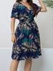 Amazon Aliexpress Venda Quente Tamanho Grande Decote V Cintura Franzida Emagrecedor Manga Curta Vestido Estilo Vintage Feminino Transfronteiriço