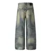 Gd006 Calle Principal Estilo Americano Unisex Jeans de Mezclilla Lavados Vintage con Botones y Diseño de Bigotes de Gato para Hombres, Corte Holgado