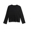 Novo Estilo Primavera Cedo 2026 Gola Redonda Manga Longa Tricô 100% Lã para Mulheres com Renda Decorativa Moda Top Preto