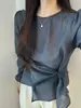 Enviado: camisa suéter irregular de gola redonda semi-transparente estilo coreano chique para mulheres, acinturada, modeladora, top curto 99885