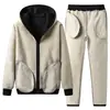 Conjunto de sudadera con cárdigan de lana de cordero para hombres de mediana edad y mayores, sudadera con capucha casual de forro polar engrosado para otoño e invierno