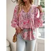 2025 Primavera y Verano Nuevos Tops y Camisas Estilo Bohemio de Resort Estampados con Cuello en V y Cordones de Manga Larga para Mujer