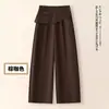 Calça casual de perna larga falsa duas peças para mulheres, novo estilo primavera e outono 2026, calça de alfaiataria com design drapeado, de perna estreita, curva e reta
