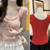 Nuevo y Moderno Top de Tirantes Dulce para Chica con Cuello Redondo, Volantes, Lazo, Manga Corta y Almohadilla Incorporada en el Pecho, Cómodo, Único, con Manga Corta tipo Volante