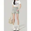 Shorts de Mezclilla de Cintura Alta Estilo Americano para Mujer, Nuevo Estilo Verano 2026, Petite, Adelgazantes, Que Alargan la Figura, de Pierna Ancha Suelta en Línea A, Hot Pants