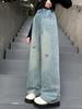 Temporada de Primavera Tallas Mediana y Grande Jeans para Niñas Ropa Infantil Jeans Holgados para Niñas con Lazo de Pedrería Color Claro Estilosos