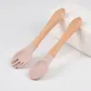 Juego de Tenedor y Cuchara de Grado Alimenticio Transfronterizo para Alimentación Complementaria, Tenedor y Cuchara Resistentes a Caídas con Mango de Madera de Silicona para Bebés Aprendiendo a Comer