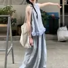 Conjunto de dos piezas para mujer 2026 verano, chaleco liso sin mangas inspirado en el diseño con ribete de oreja de madera, pantalones casuales ajustados con caída