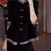 Novo cardigã de gola alta abotoado de manga longa estilo chinês para mulheres, nova moda primavera e outono 2025, top de veludo para o dia a dia