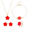Pendientes de botón, anillo, pulsera, collar de Flor de la Suerte Europea y Americana, Juego de Joyería, Moda para Mujer, Juego de Cuatro Piezas, Joyería de Hierba de Cinco Pétalos