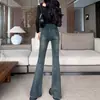 Calça Jeans Cinza Cimento Feminina Primavera e Outono Cintura Alta Fivela Dupla Tuct Barriga Estilo Hong Kong Retrô Nostálgico Calça de Chão Ferradura Reta