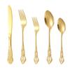Juego de 5 piezas de vajilla de acero inoxidable 410 de estilo Corte Real para uso transfronterizo, hueco con relieve, dorado titanio vintage, juego de cuchillo, tenedor y cuchara para comida occidental