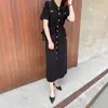 Suéter Elegante de Punto con Hebilla Metálica y Solapa, Estilo Francés Chic Coreano, Vestido de Punto de Longitud Media