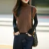 Colete de tricô de gola alta 100% lã pura para mulheres, outono e inverno, corte solto, estampado, colete suéter sem mangas em camadas