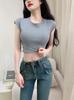 Top Retro Estilo Americano Ajustado Ombligo 2024 Verano Cintura Ajustada Corto Dulce Chica Picante Hombro Manga Corta Camiseta de Mujer Nuevo